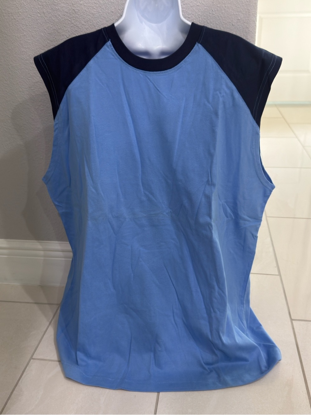Men's Sleeveless Raglan Muscle Tee - Light Blue with Navy Accents